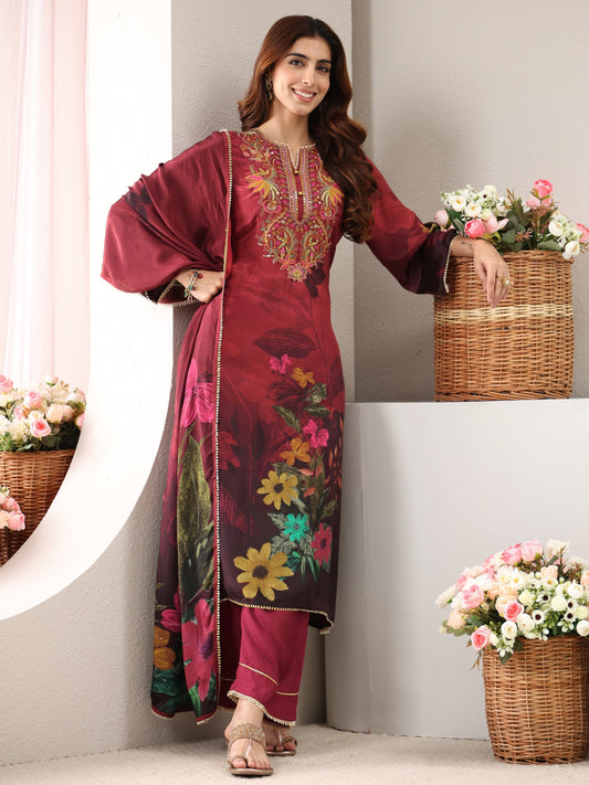 Maroon Floral Embroidered Crepe Straight Suit Set With Dupatta