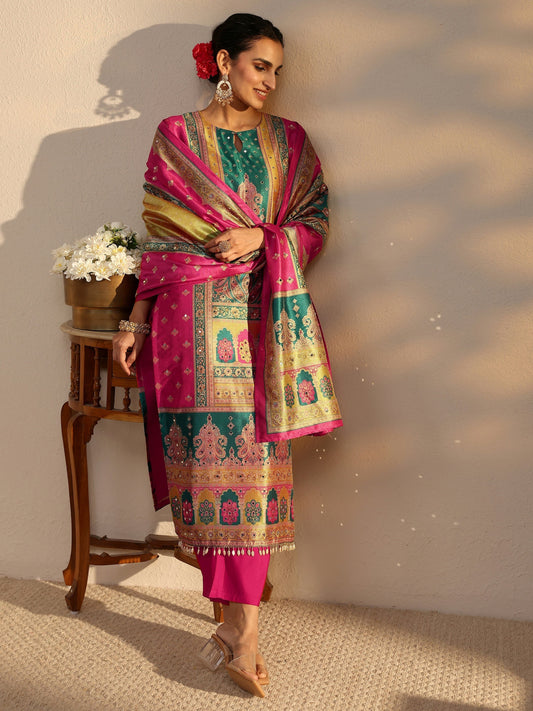 Multi Ethnic Printed Silk Blend Straight Suit Set With Dupatta