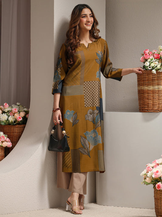 Mustard Abstract Printed Silk Blend Straight Kurta