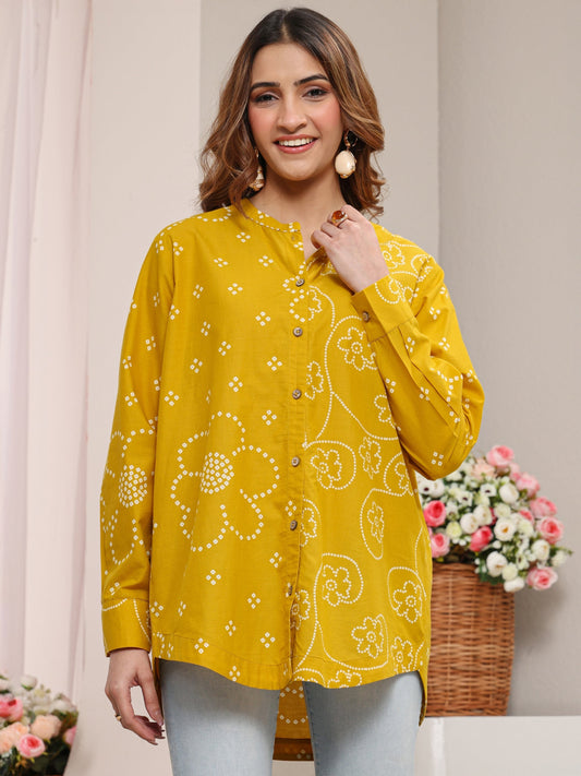 Mustard Bandhani Printed Cotton Shirt