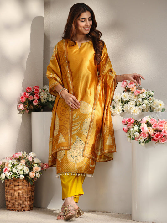 Mustard Embellished Silk Blend Straight Suit Set With Dupatta