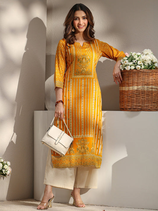 Mustard Ethnic Printed Cotton Straight Kurta