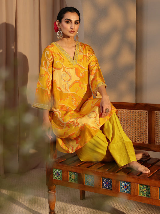 Mustard Floral Printed Muslin Co-Ord Set