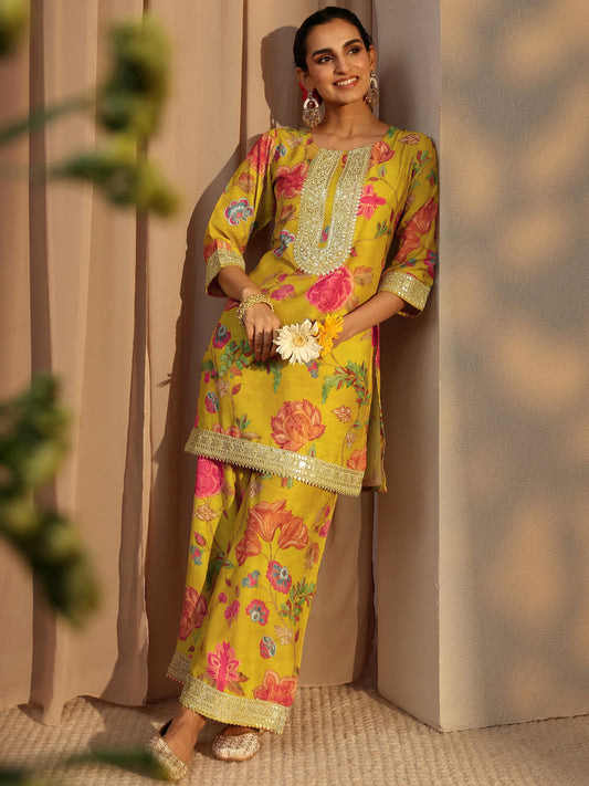 Mustard Floral Printed Silk Blend Co-Ord Set