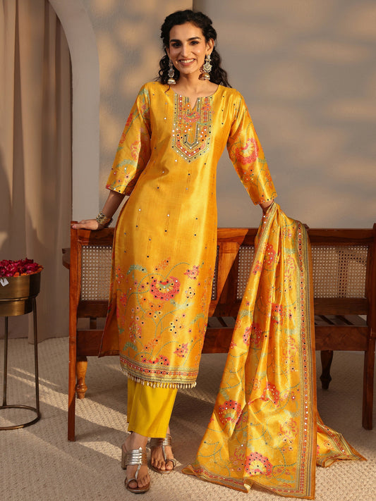 Mustard Floral Printed Silk Blend Straight Suit Set With Dupatta