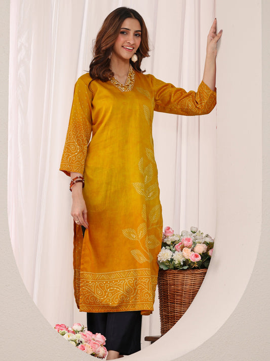 Mustard Tropical Printed Cotton Straight Kurta