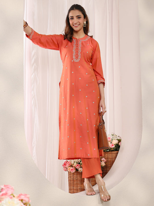 Orange Embellished Silk Blend Straight Kurta