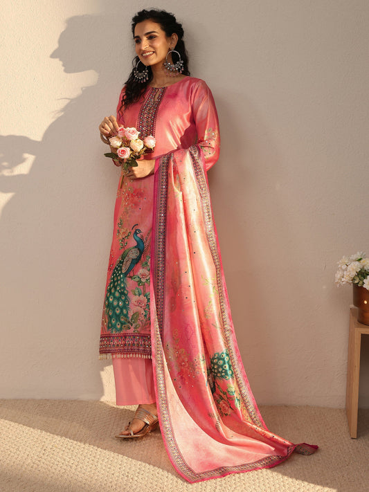 Peach Floral Printed Silk Blend Straight Suit Set With Dupatta