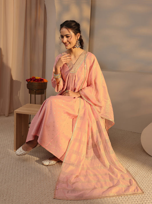 Peach Woven Design Chanderi Silk A-Line Suit Set With Dupatta