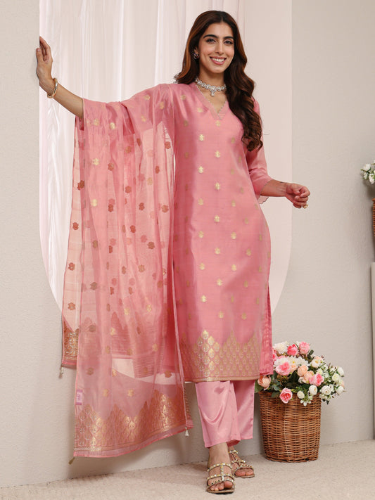 Pink Ethnic Woven Design Chanderi Silk Straight Suit Set With Dupatta