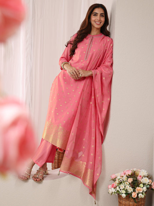 Pink Ethnic Woven Design Chanderi Silk Straight Suit Set With Dupatta