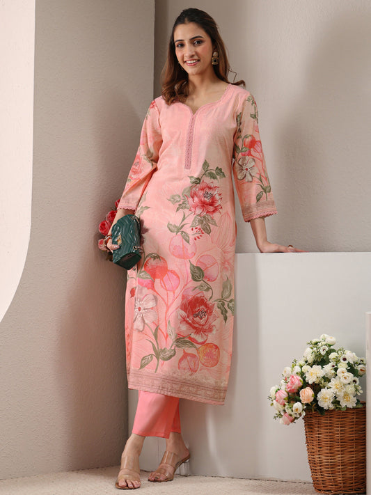 Pink Floral Printed Silk Blend Straight Kurta