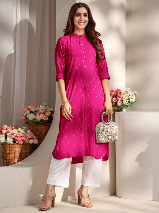 Pink Mandarin Collar Embroidered Rayon Straight Kurta