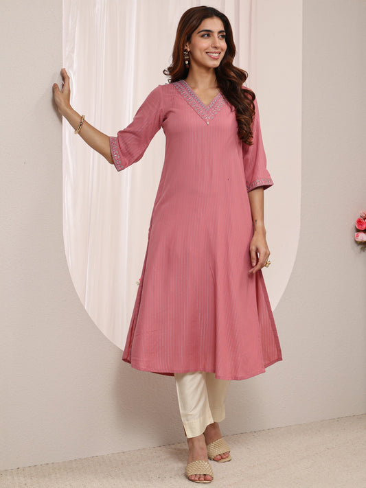Pink Striped Embellished Rayon Straight Kurta