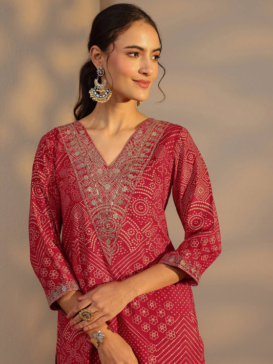 Red Bandhani Printed Silk Blend Straight Kurta