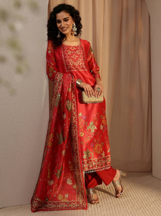 Red Floral Printed Silk Blend Straight Suit Set With Dupatta