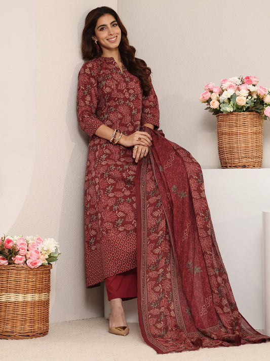 Rust Floral Printed Cotton A-Line Suit Set With Dupatta