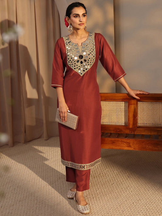 Rust Mirror Work Yoke Design Silk Blend Straight Kurta Set