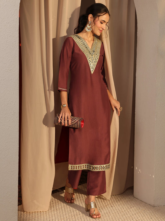 Rust Mirror Work Yoke Design Silk Blend Straight Kurta Set