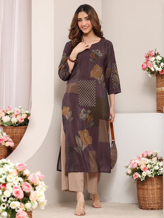 Taupe Abstract Printed Silk Blend Straight Kurta