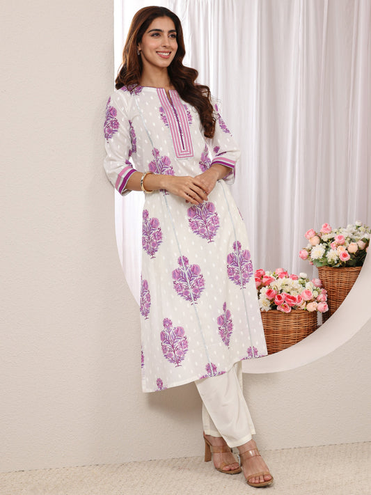 White Floral Printed Cotton A-Line Kurta