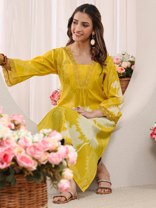 Yellow Floral Printed Silk Blend Straight Kurta