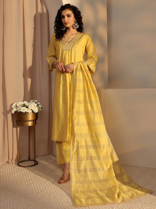Yellow Woven Design Chanderi Silk A-Line Suit Set With Dupatta
